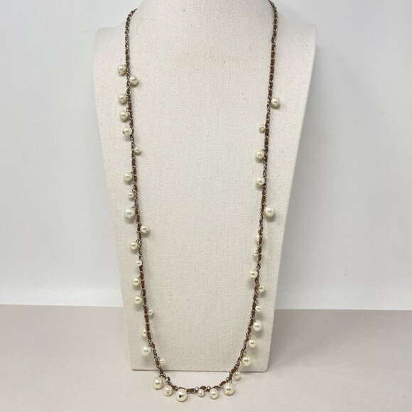 Leather & Faux Pearl‎ Chain Necklace Long Classic Old Money Posh Layers - Picture 1 of 8